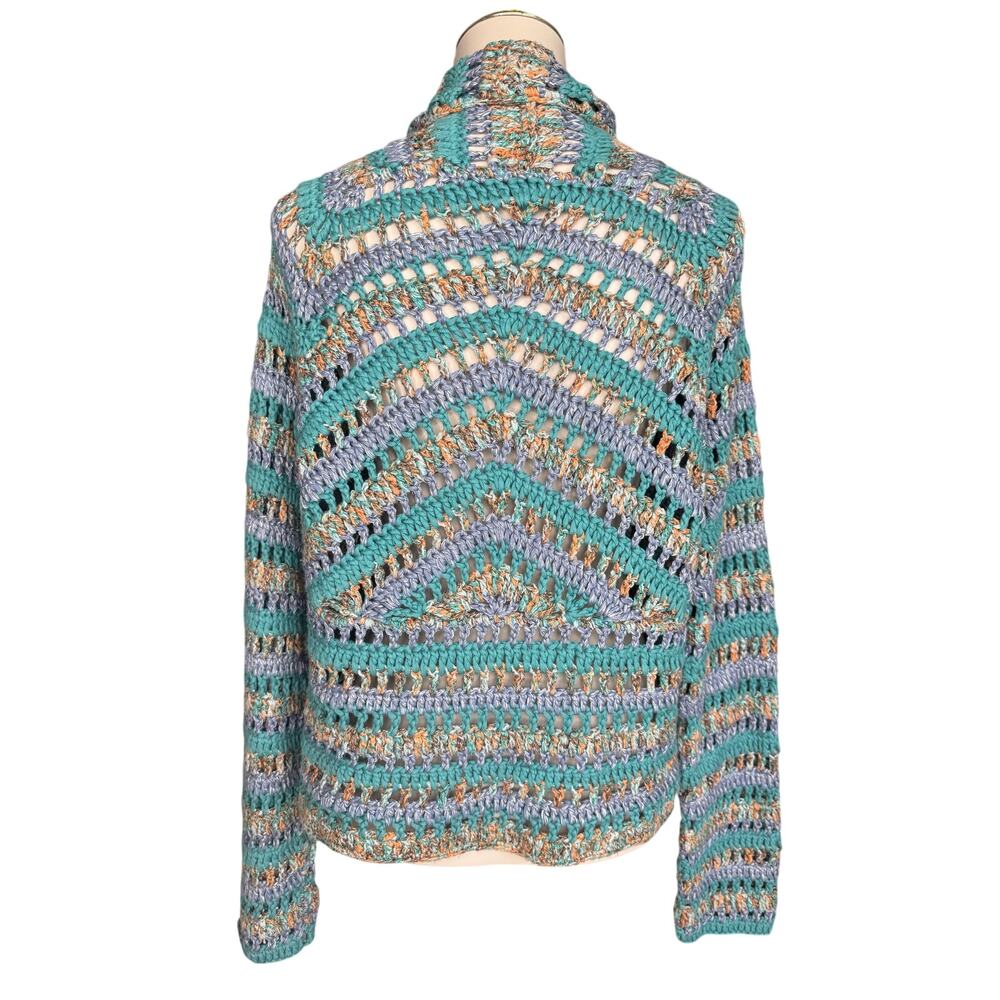 J. Jill Hand Crochet Open Knit Cardigan Blue Teal Cotton Blend Boho Medium - Picture 5 of 12